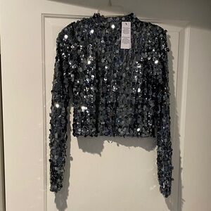 NWT  Sequin Long Sleeve Crop Top in charcoal w/round disks